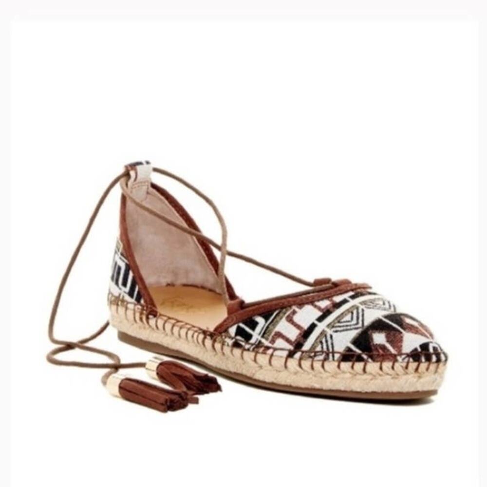 Franco Sarto Aztec Tribal Brown Lace Up Espadrille Flat Sandal Tassel Size 7.5